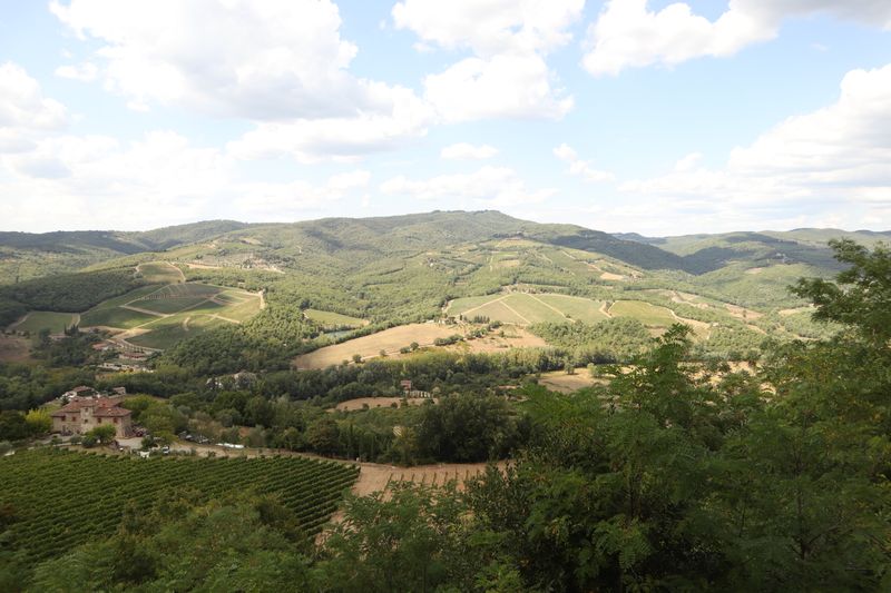 Aerial view of Tuscany's rolling hills and vineyards under a bright sky.