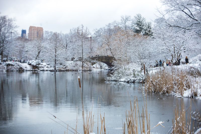 Scenic winter view of Central Park covered in snow, showcasing the iconic Gapstow Bridge.